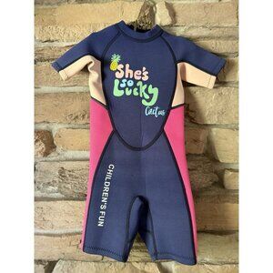 Dive & Sail Kids Shorty Wetsuit Sz S Pink Navy Neoprene “She’s So Lucky” Cactus